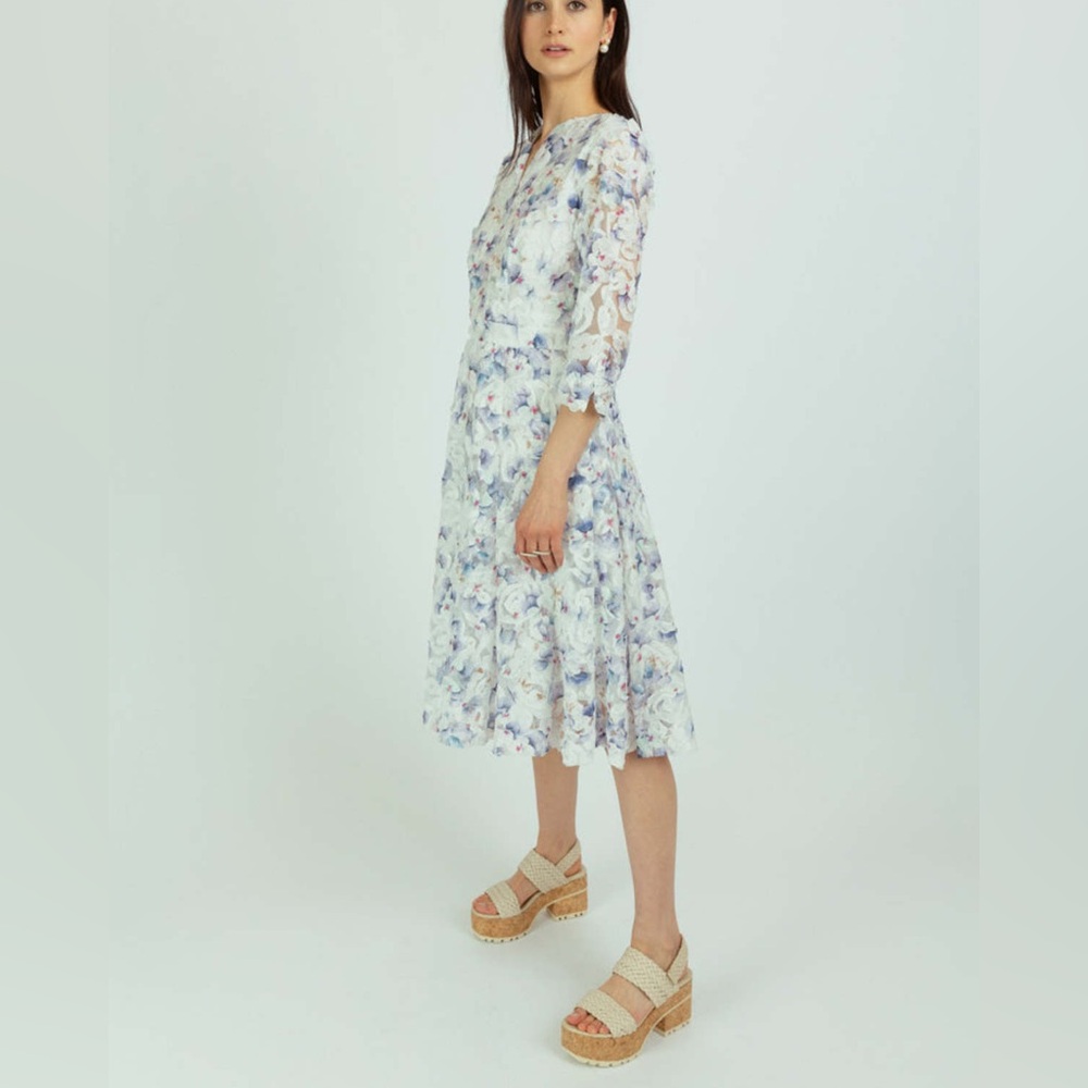 Nora Noh Indigo Pansy Dress Women’s Size 12 Floral 3D Midi 3/4 Sleeve Split Neck - Picture 5 of 16